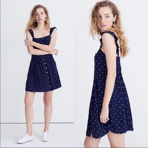 Madewell Polka Dot Mini Dress Size 2 Blue Smocked Ruffle Strap Button Front .